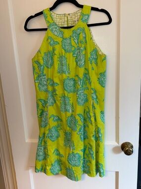 Dizzy Lizzie Yellow Green Floral Dress Crew Neck Sleeveless Cotton A-Line Knee M